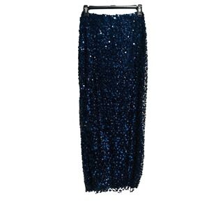 NEW MABLE Navy Blue Sequin Maxi Midi Skirt with‎ Slit Elastic Waist Size Small